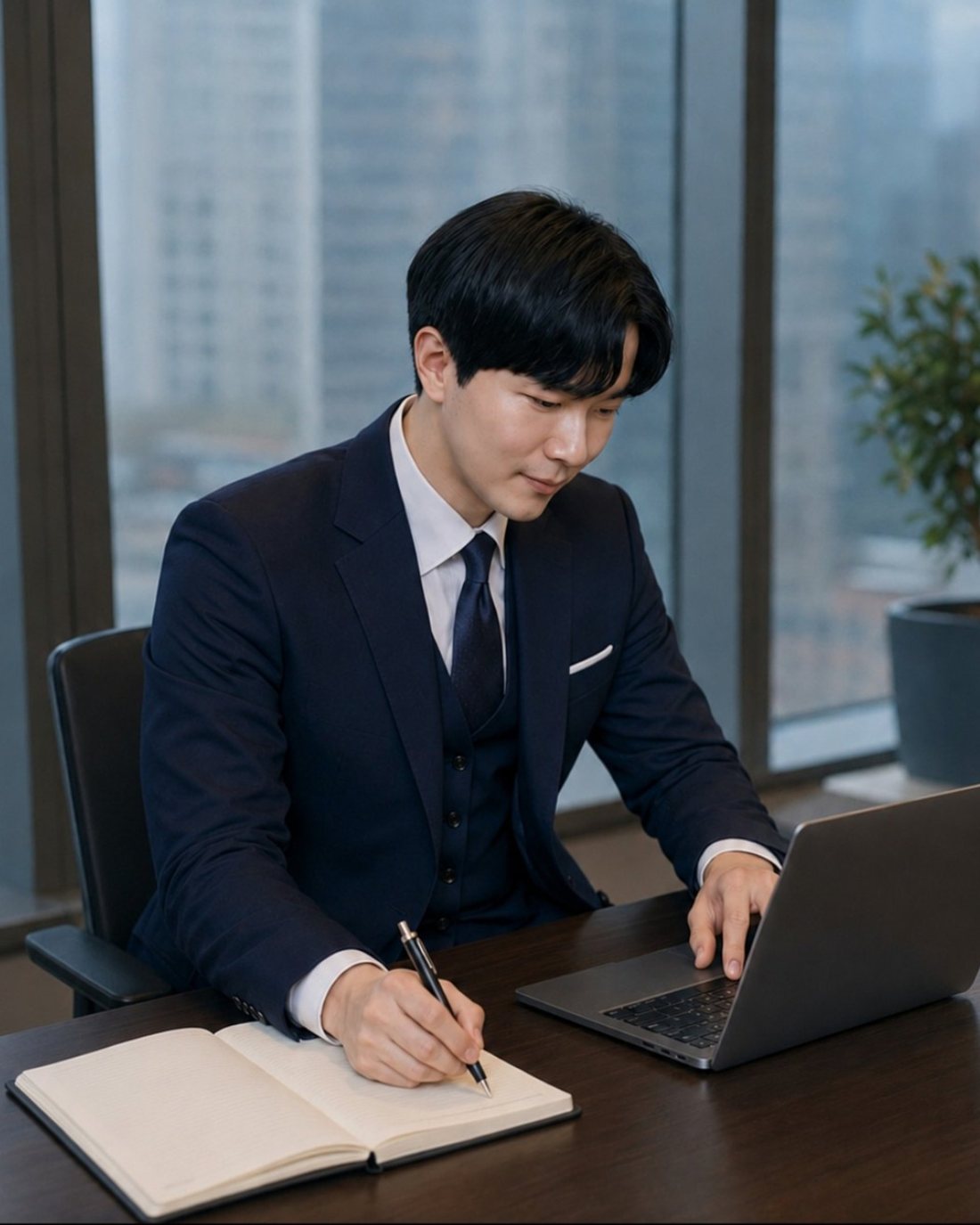 노트에 고객사 마케팅 전략을 정리하는 하이퍼마케팅 김태무 대표